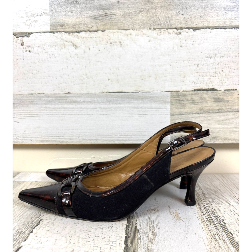 Stuart Weitzman Womens 5.5 Black Tortoise Leather Aspect Slingback Kitten Heels